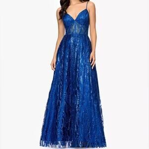 Blondie Nites Juniors' Sequin Illusion Ball Gown Royal Blue Sz 9